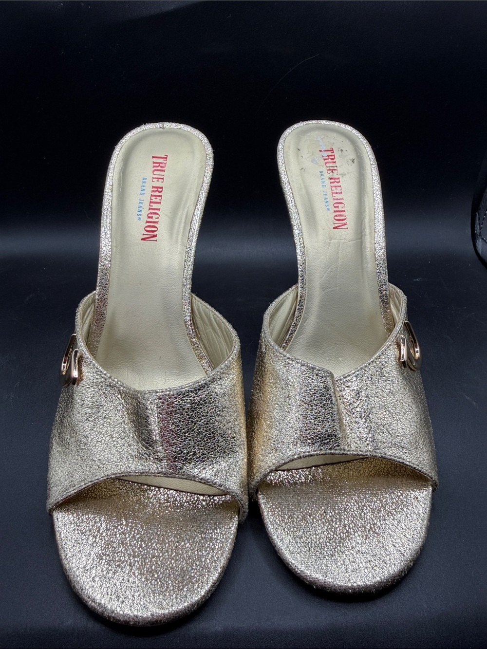 True Religion Metallic Gold Slide Mules